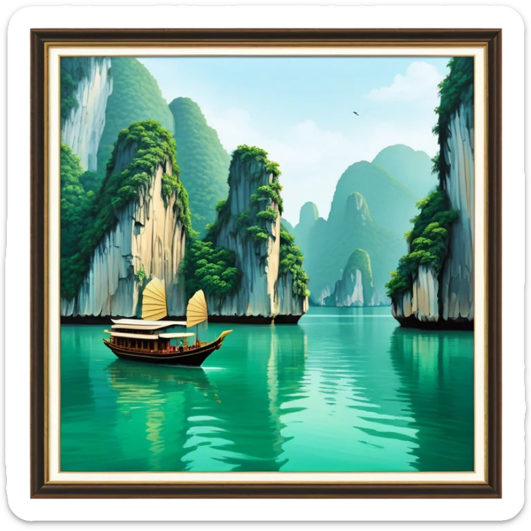 Cinematic Realistic Ha Long Bay Landscape Emoji, depicted with limestone karsts emerging from emerald waters rendered with intricate detail and dynamic natural lighting. sticker