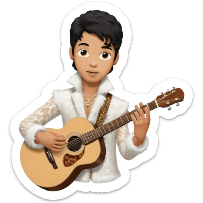 Cinematic realistic portrait of Singer Prince in a guitar pose in white lace and fur from the Round the World in a Day album tour sticker
