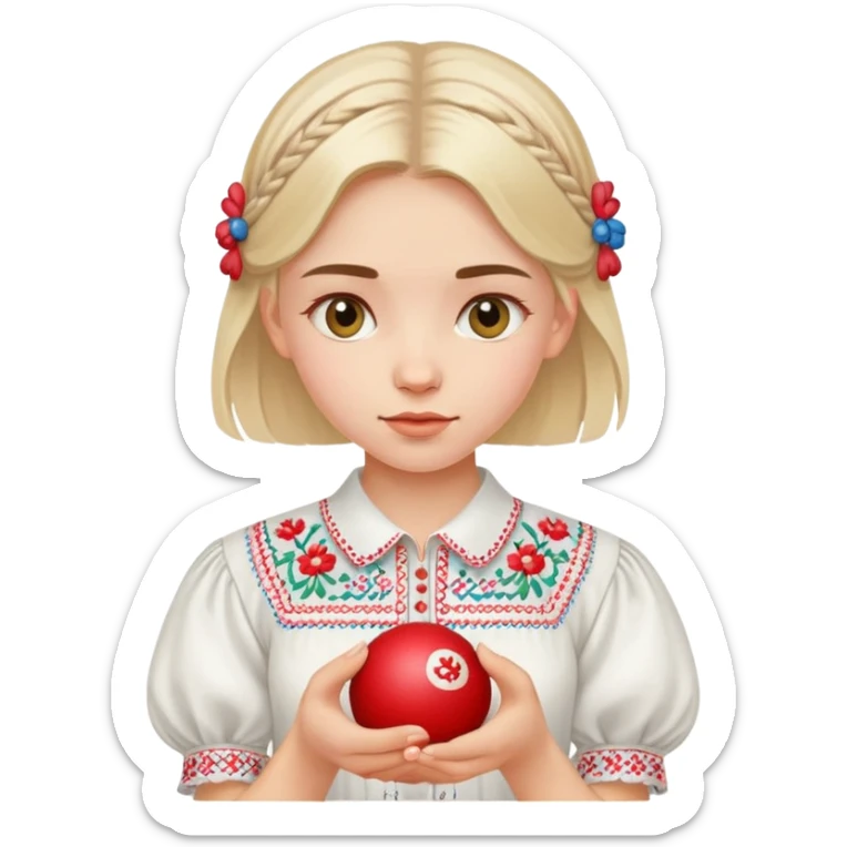 A young Ukrainian girl in a white embroidered shirt holds a ball of thread in her hand sticker