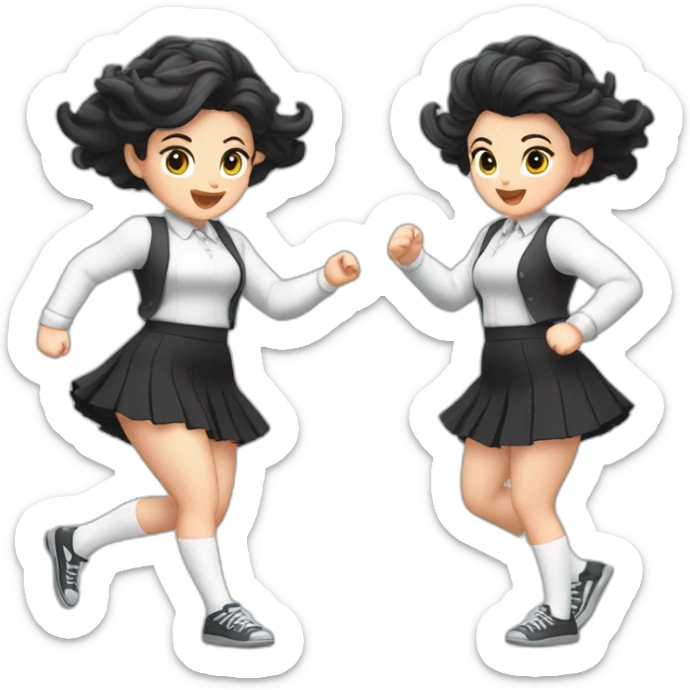 full-body-caucasian-curvy-beauty-jumping-short-black-skirt-back-and-front-views-strong-wind-knickers-long-white-socks sticker