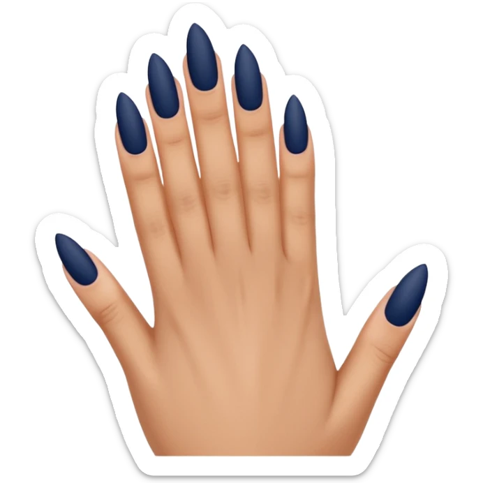 Close-up of a hand with long almond-shaped matte navy blue nails, minimal ring, soft indoor lighting, neutral striped background, clean and realistic. sticker