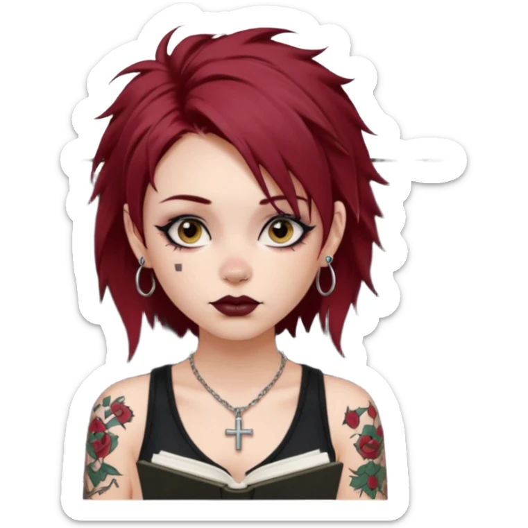 generate an ios genmoji of a girl with dark red messy hair with eyeliner on her eyes.  septum piercing, wearing a cami black top, has tattoos, on shoulders. ear piercings. wearing a cross silver necklace. Holding an overfilled sketchbook sticker
