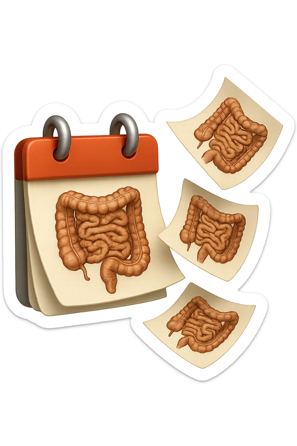 emoji stile iphone di un calendario con fogli che volano insieme, sui fogli ci sono disegnati degli intestini anatomici, iperrealistico 4k, isolato su sfondo bianco sticker
