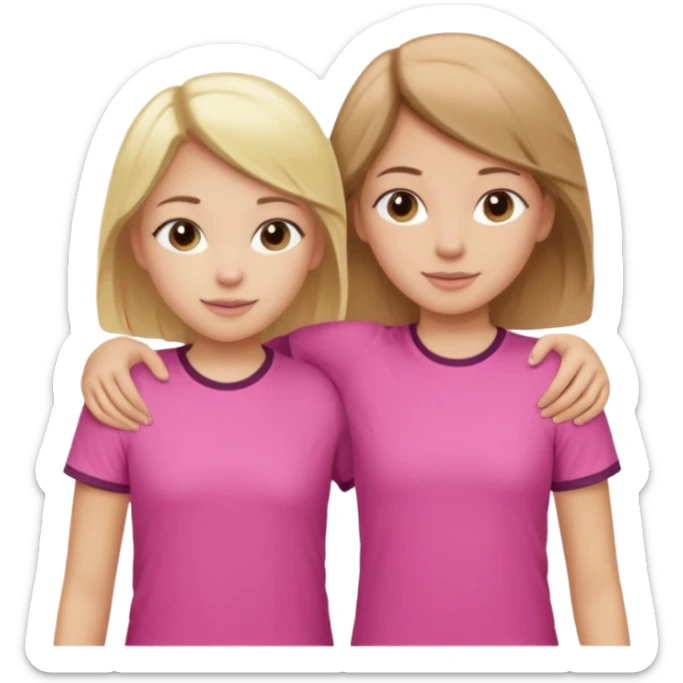 Two Girls with their arms around each other at summer camp one blonde one brown hair wearing pink shirt sticker