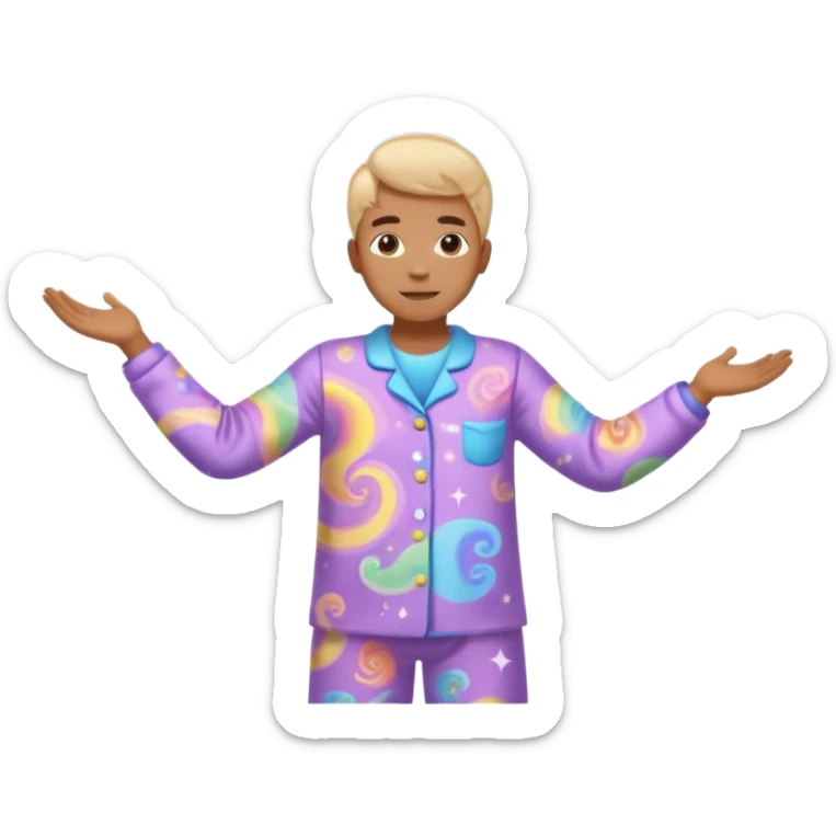 person in pajamas with arms spread apart, multicolored swirling cloud of dreams above their head sticker