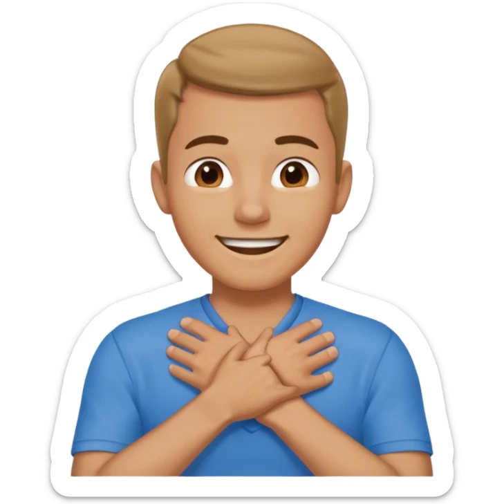 Man with hands gripped around neck crossed like he is choking while smiling sticker