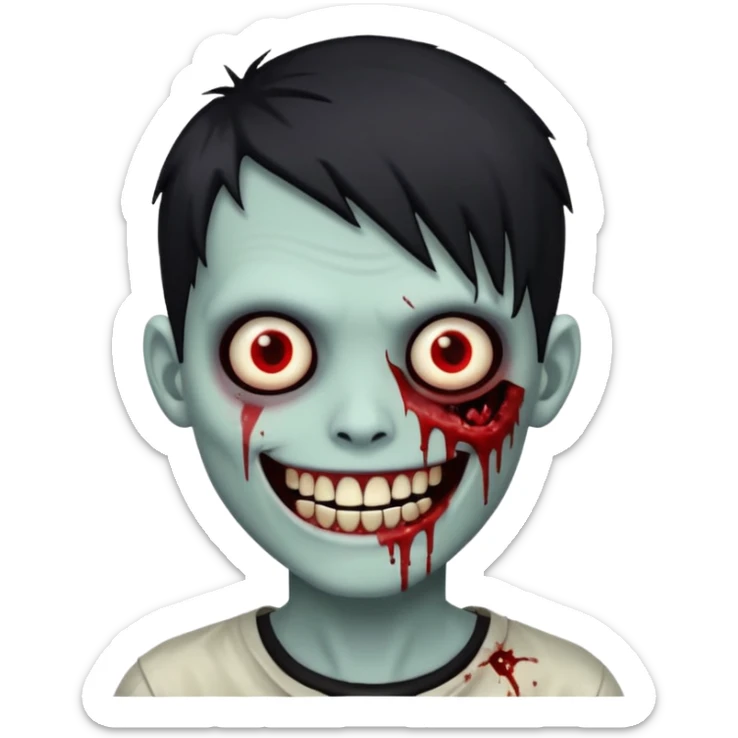 zombie boy with emo hair, white skin, and white eyes; an open smile, and bloodied teeth; sticker