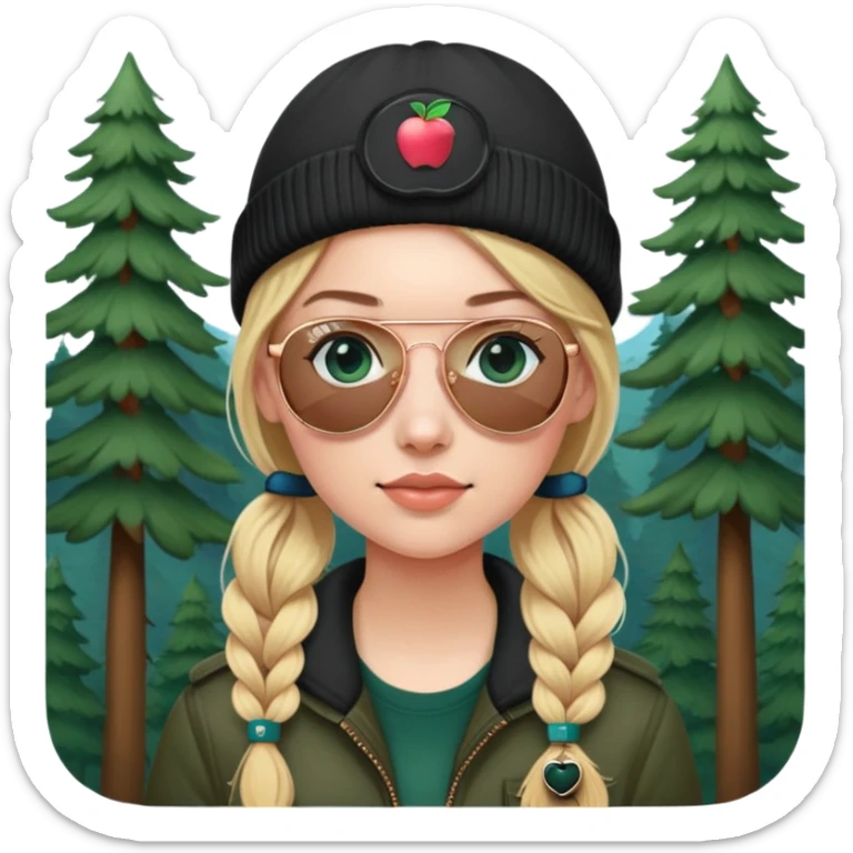 girl with pigtailed blond hair
with blue eyes and aviator sunglasses

wearing a black beanie
wearing (rose gold apple watch with forest green band) sticker