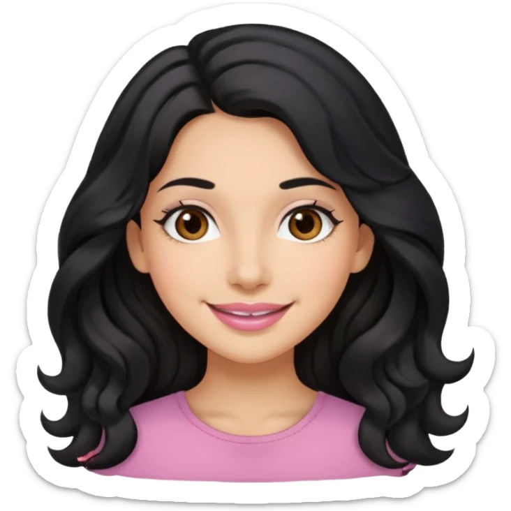 a woman is smile, her hair is long wavy and the color is black, her eyes color are brown and the color of her lip is soft pink sticker