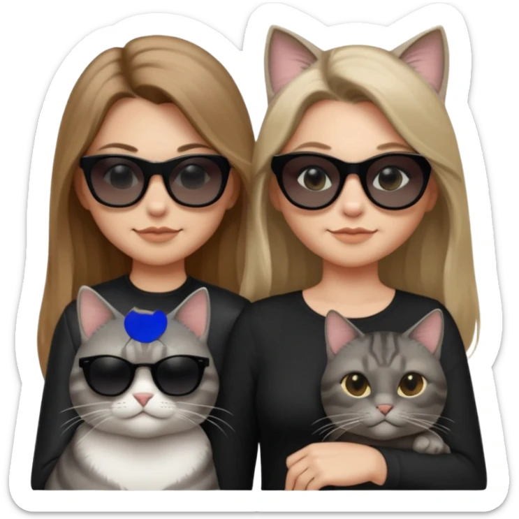 white woman with long past-shoulder light brown ombre hair, wearing black clothes and very opaque black sunglasses, smirking and looking cool, next to a single chubby grey tabby cat with very opaque black sunglasses, also smirking and looking cool sticker