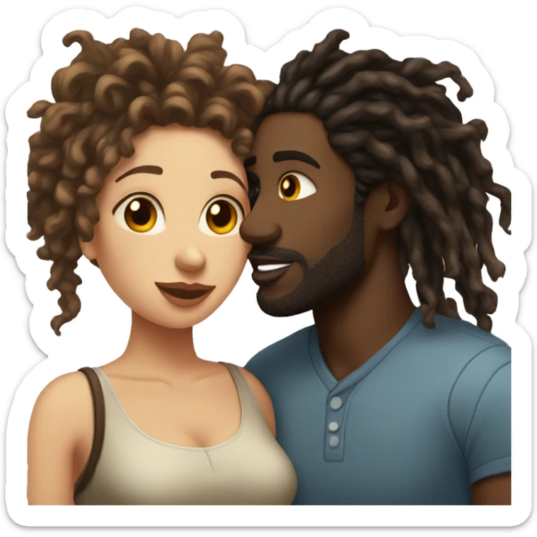 Fair skin woman with brown curly hair kissing black man with dreads sticker
