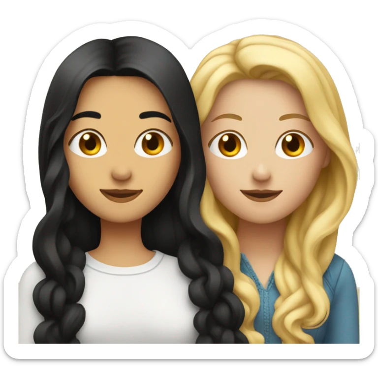 Woman with long straight blonde hair hugging a woman with long curly dark black hair  sticker