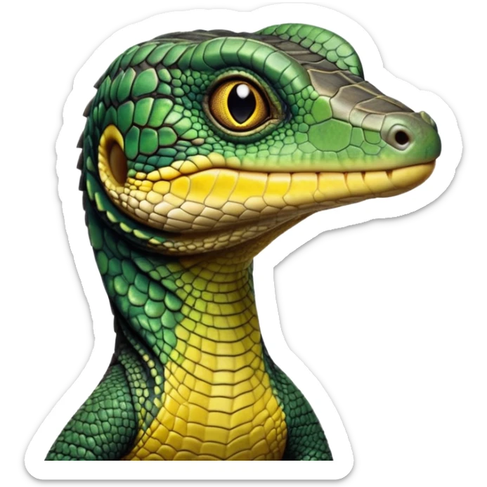 cinematic-realistic-cute-monitor-lizard-portrait-emoji,-head-tilted-playfully-and-inquisitively,-featuring-a-compact,-agile-body-with-finely-detailed,-glossy-scales-in-earthy-black and yellow-hues-and-a-distinct,-alert-face-with-bright,-curious-eyes, black , yellow spotted and green band  scales and a slender neck sticker