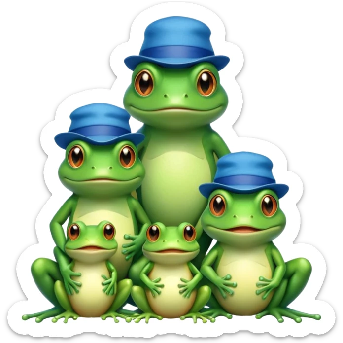 a family of frogs wearing blue hats, parent frogs and baby frogs sticker
