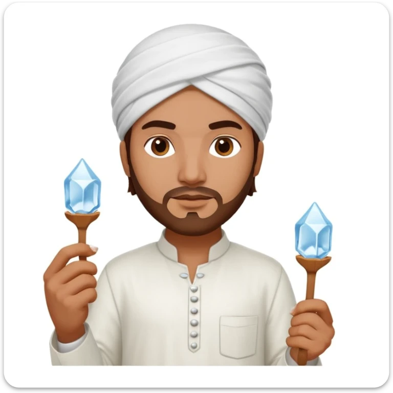 Pakistani street ice seller holding ice pick and ice cube, wearing shalwar kameez, confident, focused, 3D, shiny, minimal, iPhone emoji style, plain white background sticker