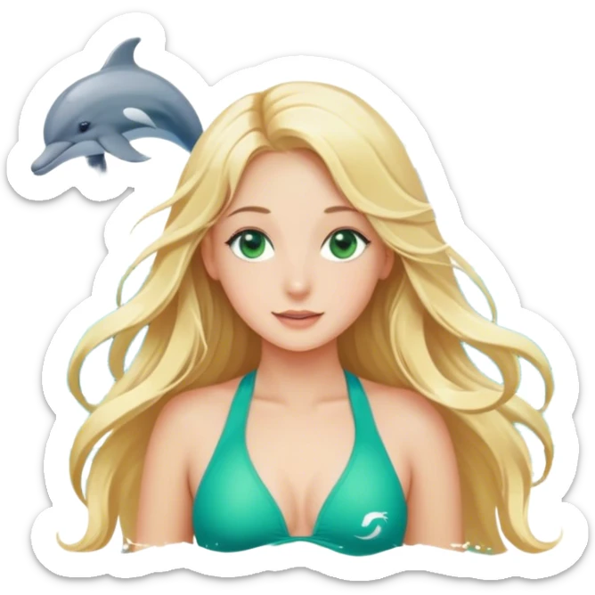 Long blonde hair girl with green eyes at the ocean with music notes and dolphins  sticker