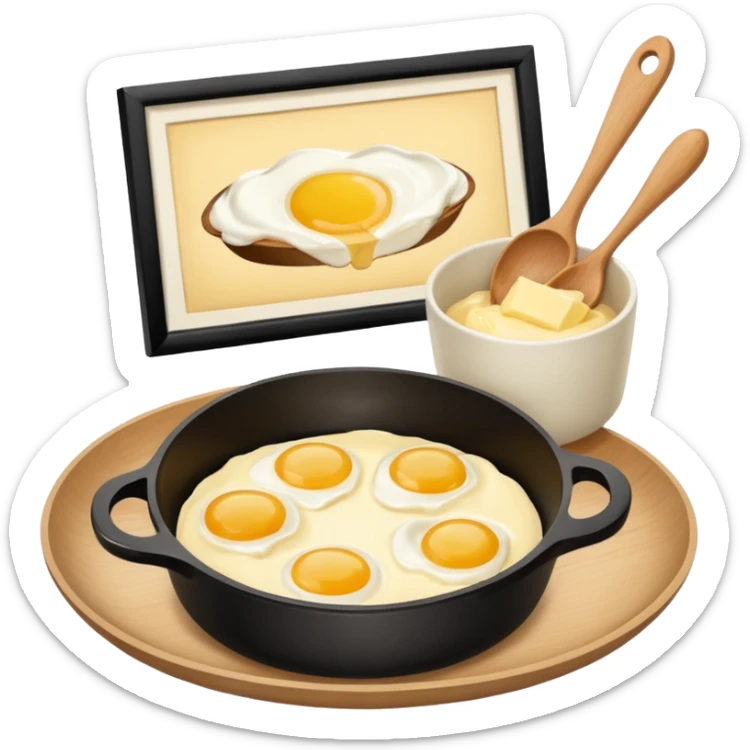 A carton of eggs, butter and a cream ceramic baking bowl with a wooden spoon in it sticker