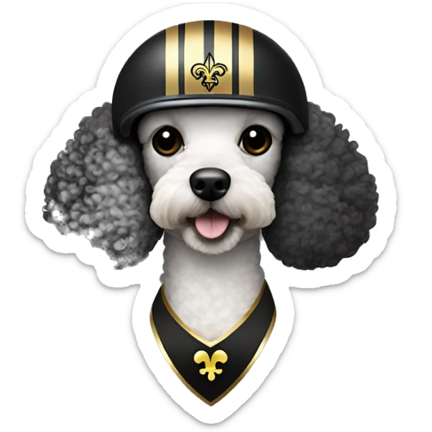 Poodle wearing a black football helmet with gold stripe and gold fleur de lis emblem sticker