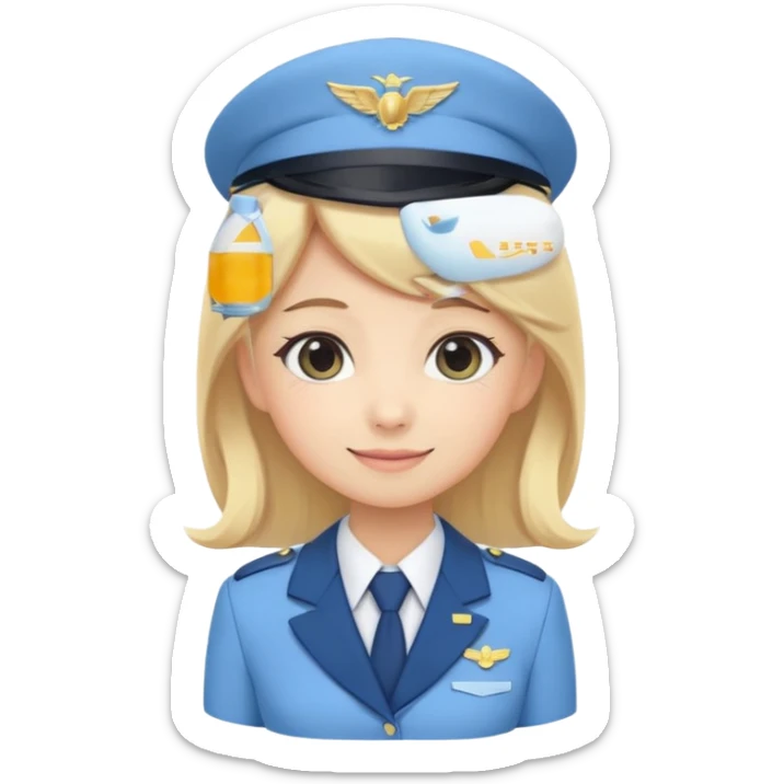 Cute emoji-style Japanese flight attendant, blonde long hair , pastel blue airline uniform, kawaii cartoon style, big eyes, simple clean lineart, pastel colors, chibi proportions, friendly smile, sticker/emoji, transparent background sticker