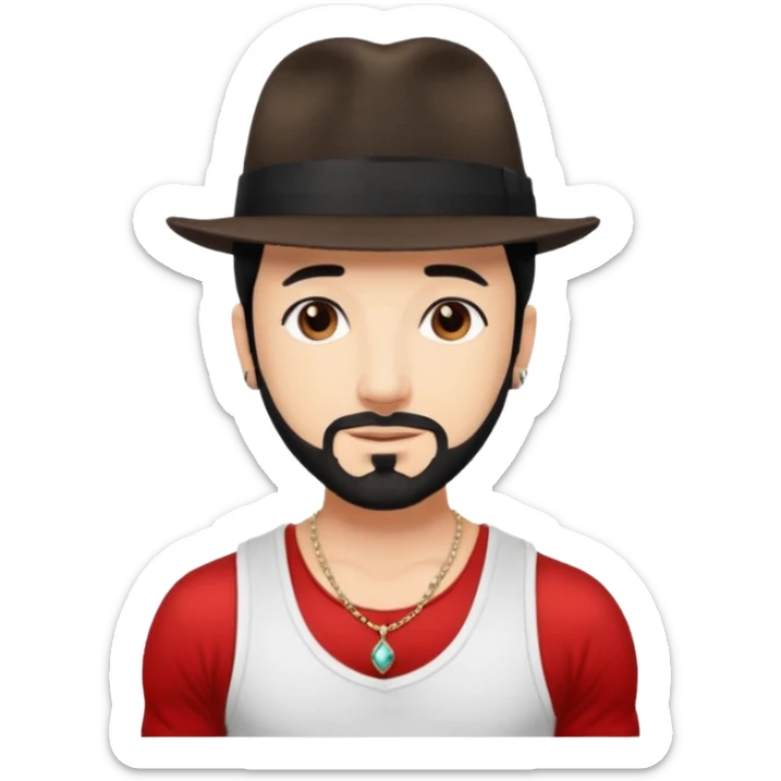 AJ McLean brown eyes, black hair, white tank top and fedora hat with necklace sticker