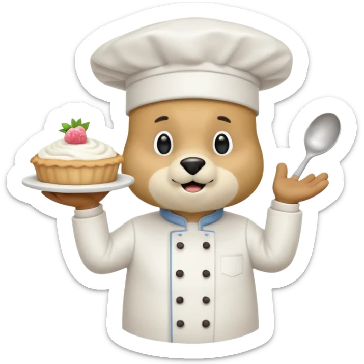 quiero un oso de pie con un delantal de pastelería y un gorrito de chef que una mano tenga una manga pastelera y este feliz divertido sticker