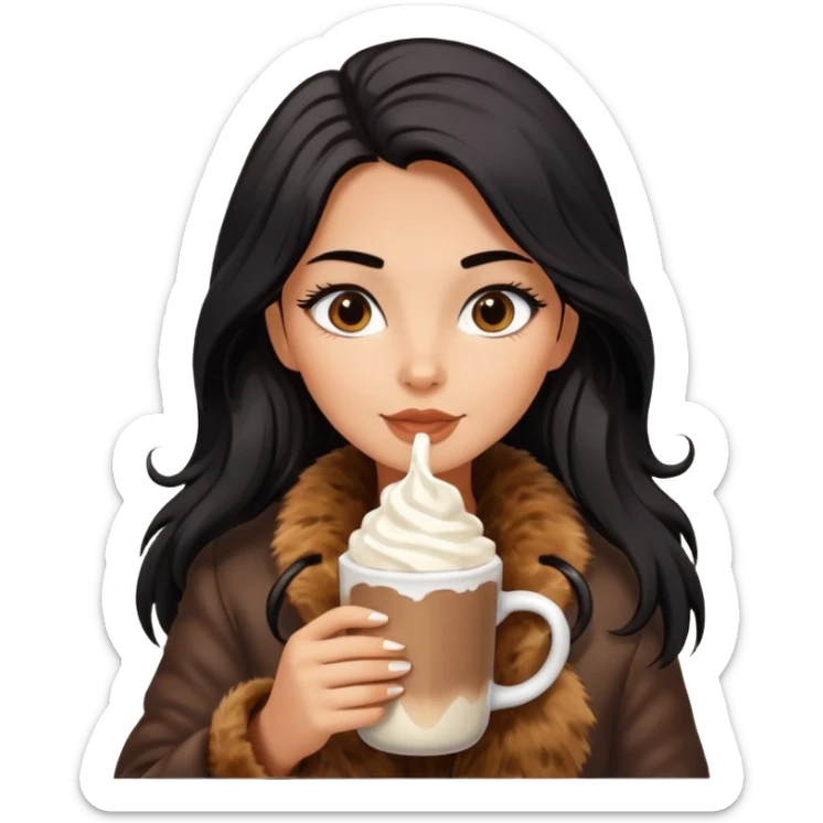 Tanned Girl with lashes , bright black long hair, in an extremely big fluffy brown fur mustang, and drinking hot chocolate drink sticker