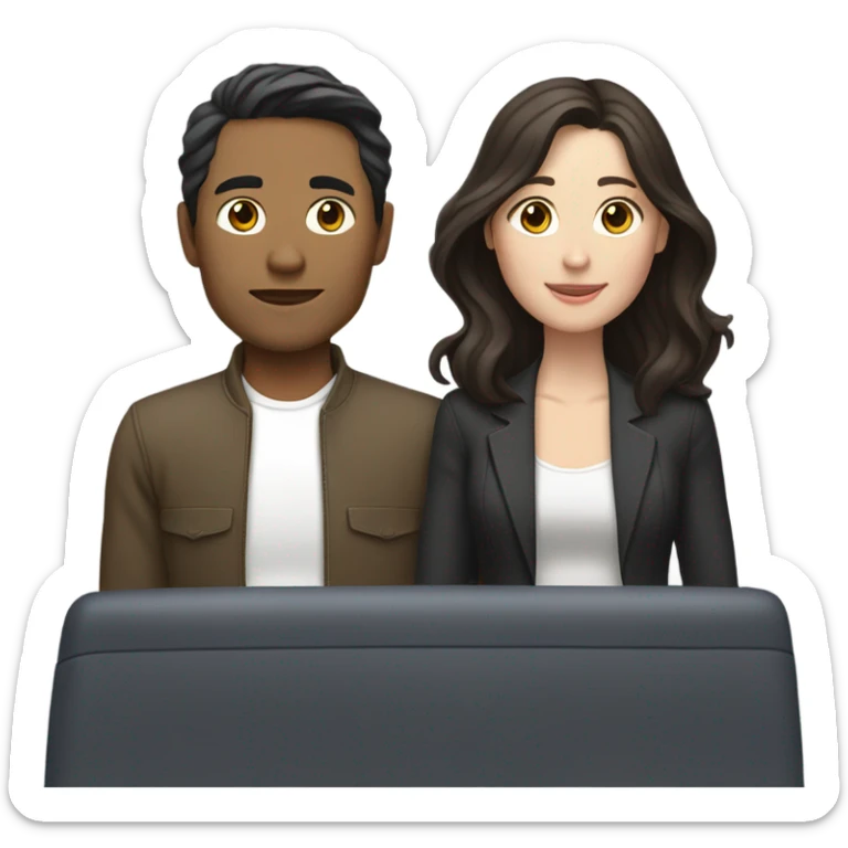 A pale half Asian man with short dark hair and white woman with long wavy brunette hair driving together sticker