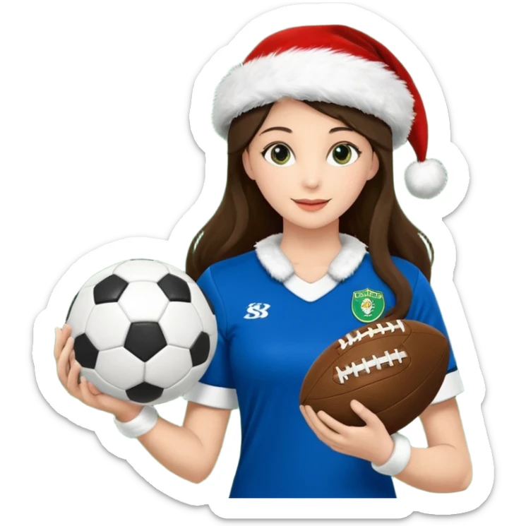 3 atletas, um homem no meio e duas mulheres com cores de pele diferentes, usando elementos esportivos, bola de futebol, luvas de luta e bola de vôlei. Coloque um chapéu de papai noel das cores verde e com uniforme azul e branco sticker