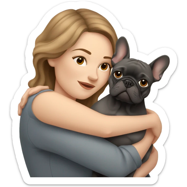 light brown hair woman hugging a dark gray french bulldog sticker