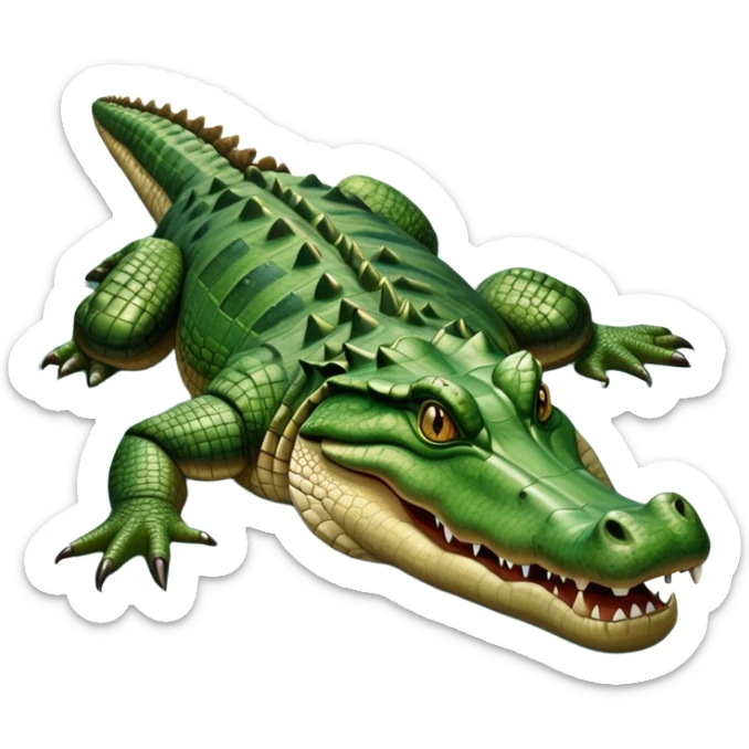 cinematic-crocodile-realistic-full-body-lounging-emoji,-massive-scaled-body-partially-submerged-in-shallow-water,-head-tilted-dramatically,-rough-green-and-brown-hide-textured-with-deep-ridges,-simplified-yet-realistic-focused-features,-highly-detailed,-glowing-with-an-almost-sarcastic-glow sticker