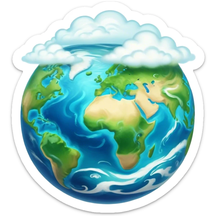 Cinematic Realistic Earth Emoji, depicted with vibrant blue oceans, swirling white clouds, and lush green continents rendered in exquisite detail, high shine, and a soft radiant glow that captures the dynamic, life-sustaining beauty of our home planet. sticker