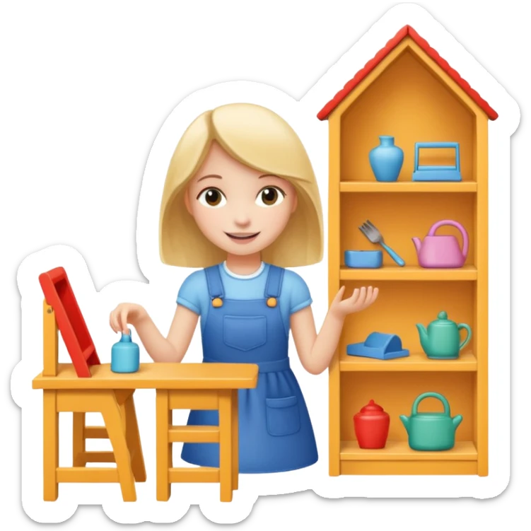 smiling girl arranging furniture in doll house sticker