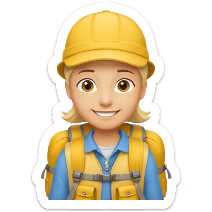 Cartoon explorer wearing a yellow cap and yellow backpack, casual outdoor outfit sticker
