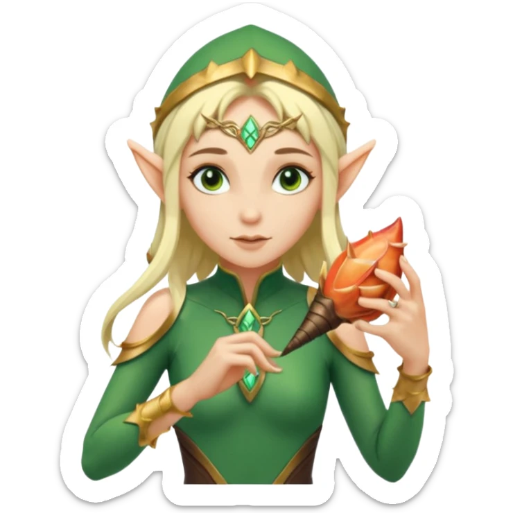 elf female Short wetsuit-style garb, glowing runes on skin, holding a conch horn. sticker