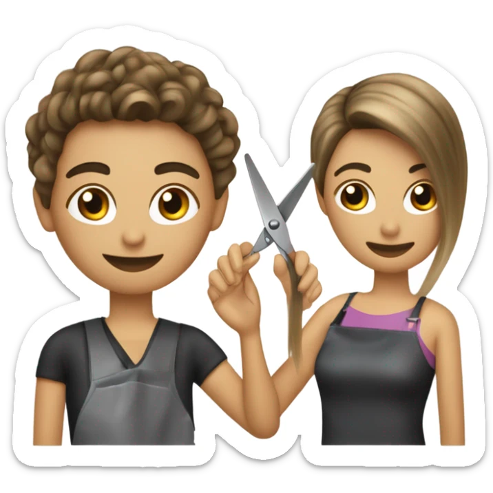 “Create an emoji depicting a hairdresser styling a client’s hair. The hairdresser is holding scissors or a comb, and the client is sitting on a chair. Include details such as the client’s hair and professional tools in the hairdresser’s hands.” sticker