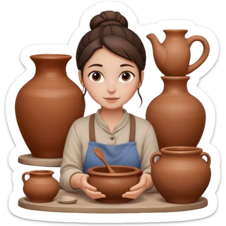 Brunette girl with a bun, behind the potter's wheel, wearing neutral clothing sticker