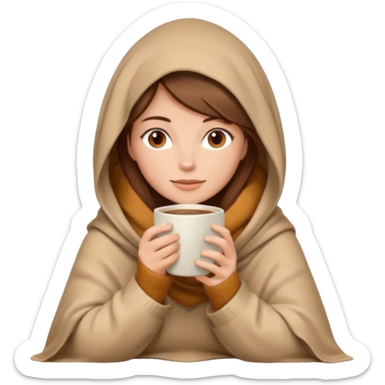 brown hair woman sitting under beige blanket, with a blanket over his head, holding cup of coffee, autumn mood sticker