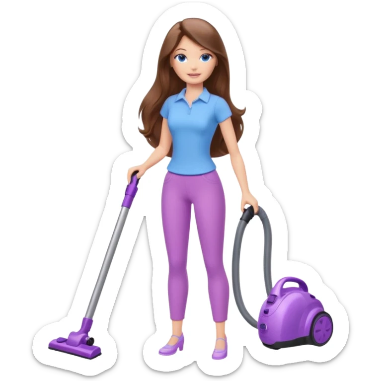 beautiful barbie girl with long brown hair, blue eyes and wearing light purple clothes, cleaning and vacuuming sticker