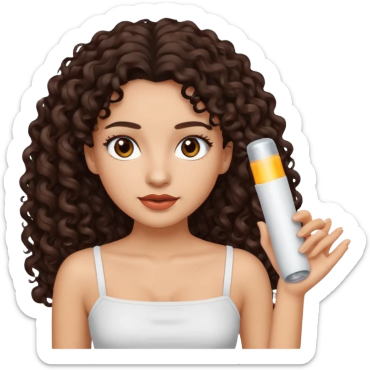 Woman with light skin and dark brown eyes and dark brown long curly hair and white tube top sticker