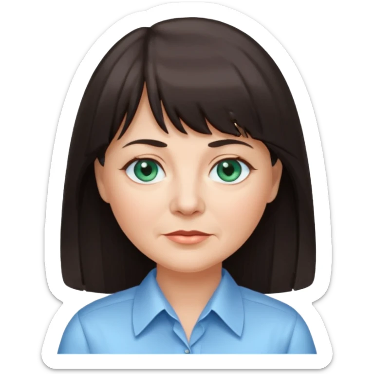 60 yr old woman, blue green eyes, long straight dark brown hair, business shirt, chubby, bangs sticker