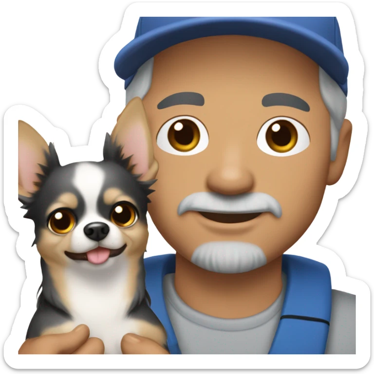 man with blue eyes gray hair and goatee wearing ball cap holding chihuahua with long black hair sticker
