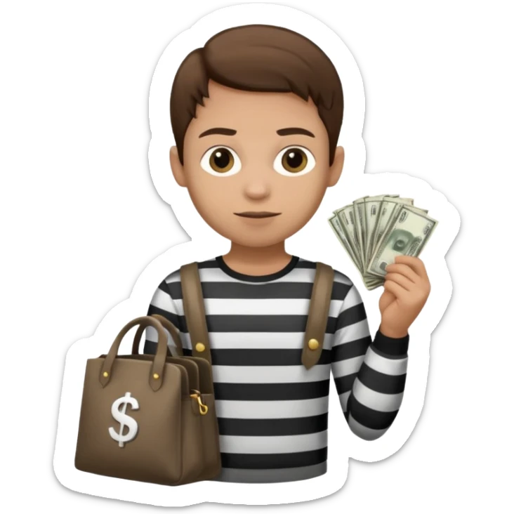 Un ladrón con camisa de rayas blancas y negras mirando hacia la frente con una bolsa de dinero  sticker