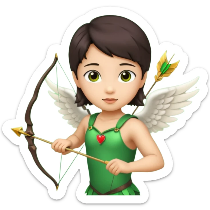 cupid flying with wings asian with brown eyes and dark hair handled bow and arrow directed to green emoji heart sticker