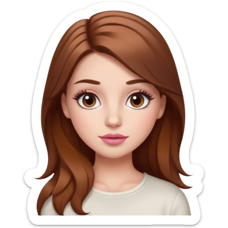 white girl with long brown hair with caramel highlights wearing a white top. Blush on the cheeks and big eyelashes and a brown-pink lip combo  sticker