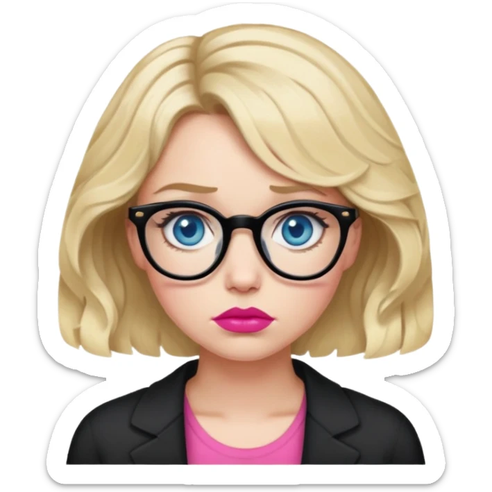 Blonde woman with short wavy hair, blue eyes and pink lips wearing black glasses looking sad sticker
