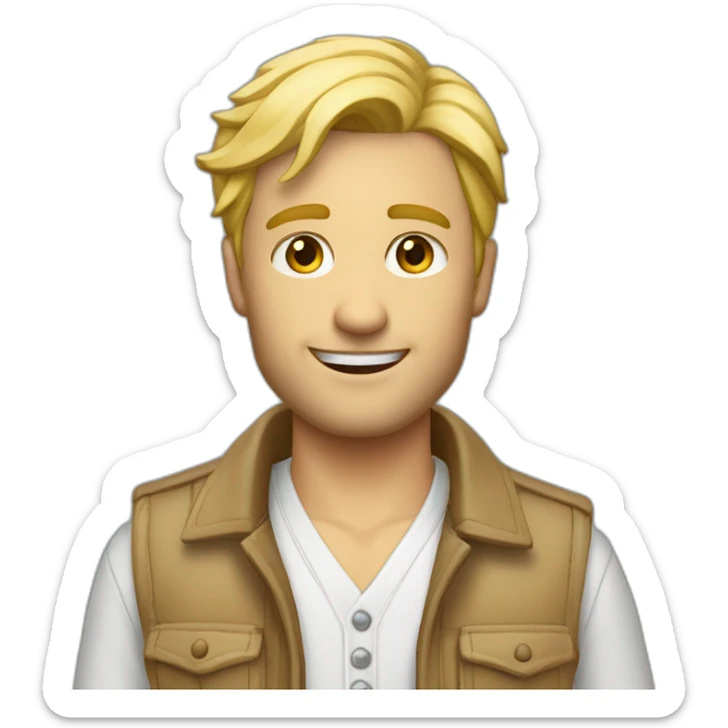 Homme blond avec une lavaliere un gilet de costume et une chemise sticker