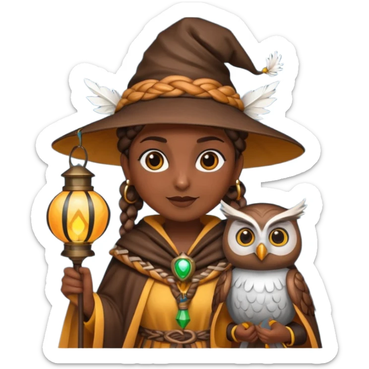 woodland emoji character, dark skin woman with braids dressed as owl mage, feather cape, holding lantern sticker