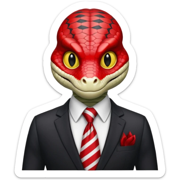 A reptilian humanoid dressing a suit, striped red and white tie, human emoji style, his face is seriously, his eyes is similar to real viper snake eye sticker