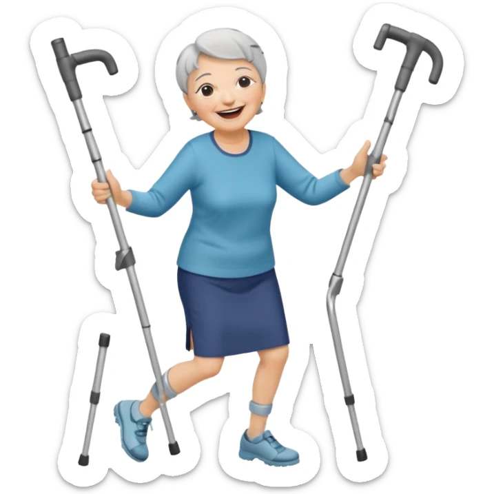 elderly woman with pants, short grey hair, laughing and dancing th crutches sticker