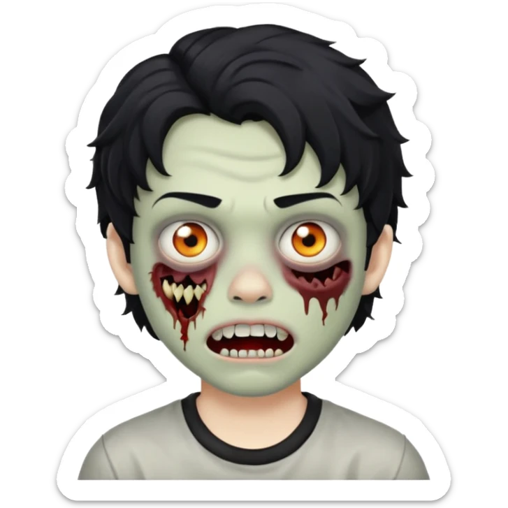 a boy with wavy hair, a zombie-shaped mouth piercing hum, and black hair sticker